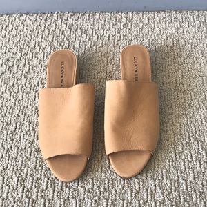 Tan open toe mules. Worn once. Lucky brand.